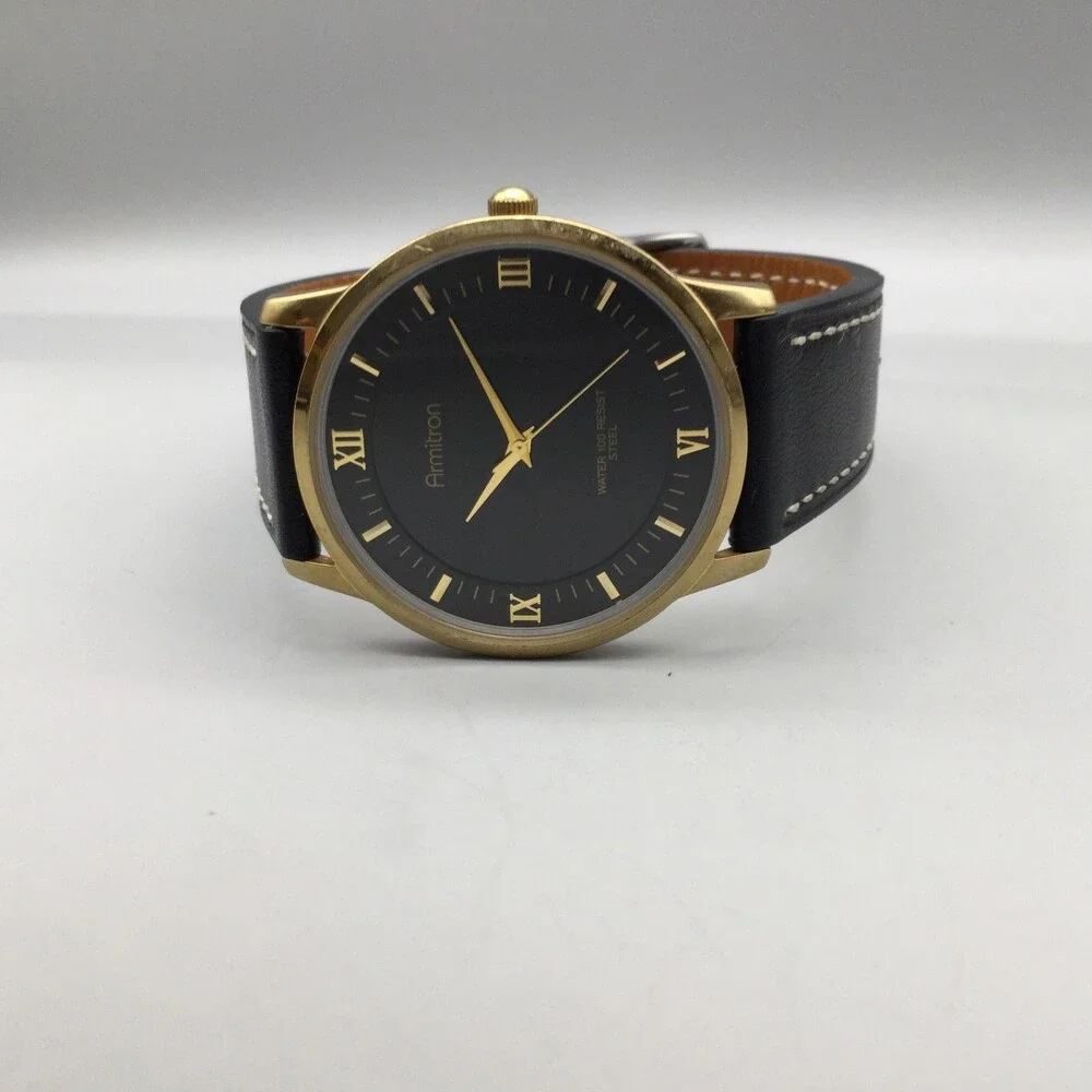 Armitron Mens Watch 37mm Black Dial Gold Tone Black Leather Band New Battery